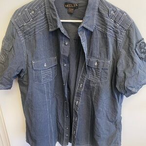 Helix Men's Short Sleeve Button-Down Shirt in Navy Blue with White Stitching